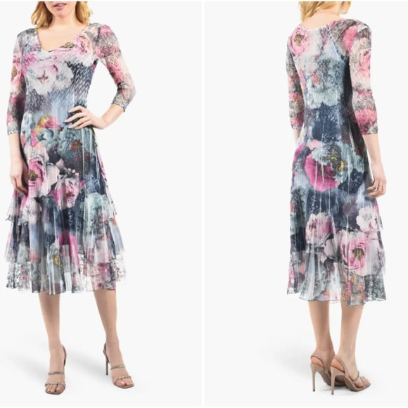 KOMAROV FLORAL CHARMEUSE & CHIFFON COCKTAIL RAPTURE ROSE DRESS sz S